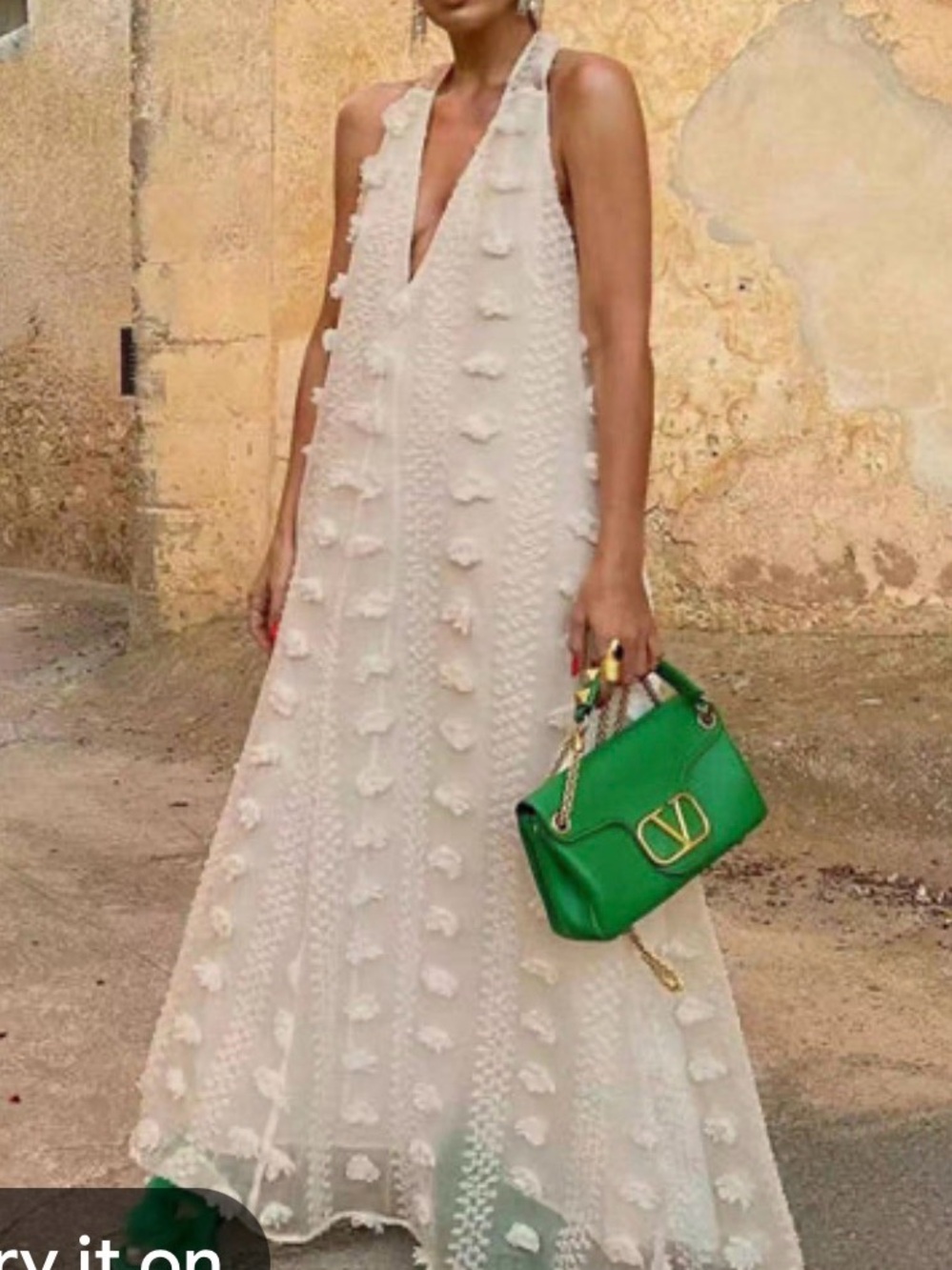 Amazon Ivory Pom-Pom Halter Maxi Dress